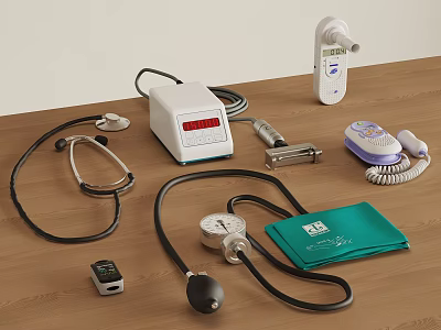 Essential Medical Devices Including Stethoscope Blood Pressure Monitor Forehead Thermometer Pulse Oximeter on Wooden Table 3d model