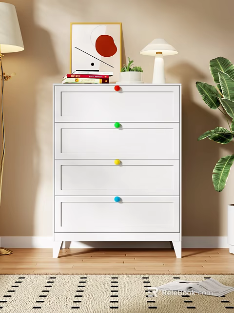 White Chest of Drawers With Colorful Knobs And Books On Top Near Plant 3d model 