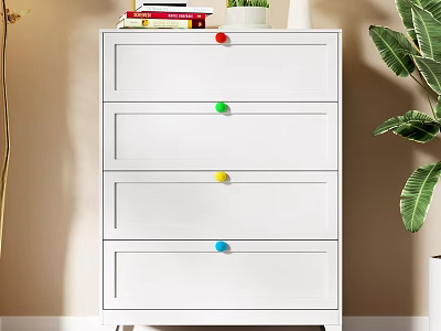 White Chest of Drawers With Colorful Knobs And Books On Top Near Plant 3d model