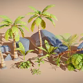 Natural Landscape Design With Wooden Palm Trunks Stone Rocks And Green Foliage Plants