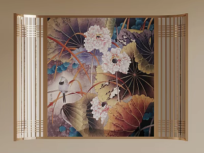 Elegant Decorative Screen With Golden Frame Lotus Flowers And Bird Design 3d model