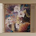 Elegant Decorative Screen With Golden Frame Lotus Flowers And Bird Design
