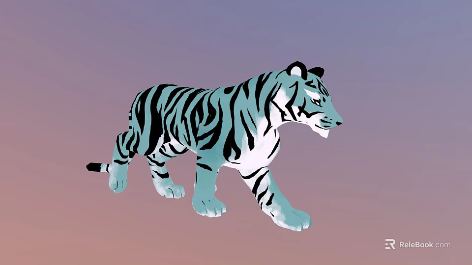 Blue and Black Striped Tiger Walking on Gradient Purple to Pink Background 3d model 