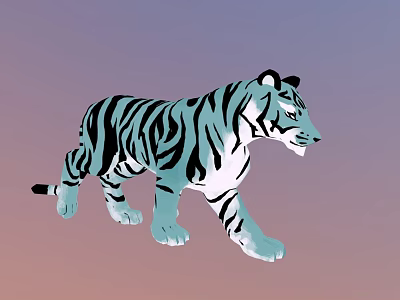 Blue and Black Striped Tiger Walking on Gradient Purple to Pink Background 3d model