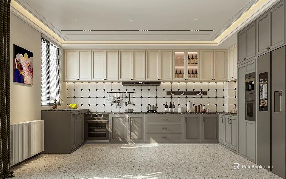 Modern Kitchen Interior With White And Gray Cabinets Black And White Checkered Tile Backsplash 3d model