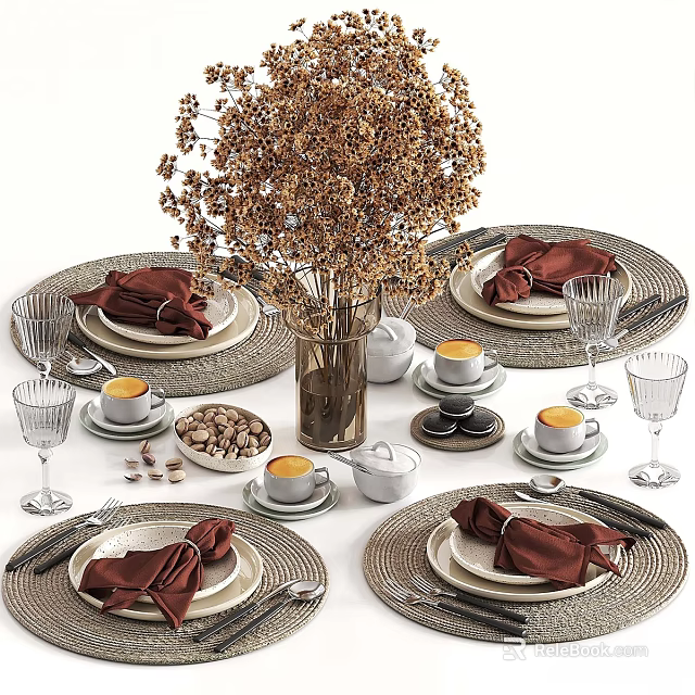 Elegant Tableware Set With Red Napkins Glass Cups And Dried Flowers 3d model 