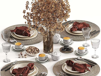 Elegant Tableware Set With Red Napkins Glass Cups And Dried Flowers 3d model