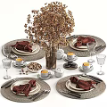 Elegant Tableware Set With Red Napkins Glass Cups And Dried Flowers