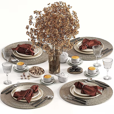 Elegant Tableware Set With Red Napkins Glass Cups And Dried Flowers 3d model