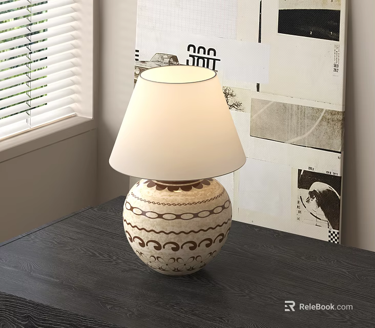 Decorative Table Lamp With White Lampshade And Patterned Base On Dark Table Collage Wall 3d model