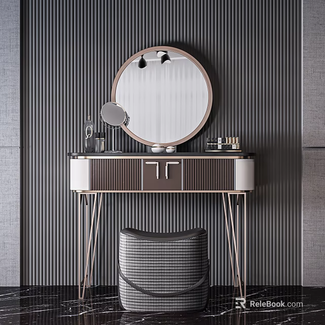 Elegant Modern Dressing Table With Round Mirror Overhead Lights Checkered Stool And Striped Wall 3d model