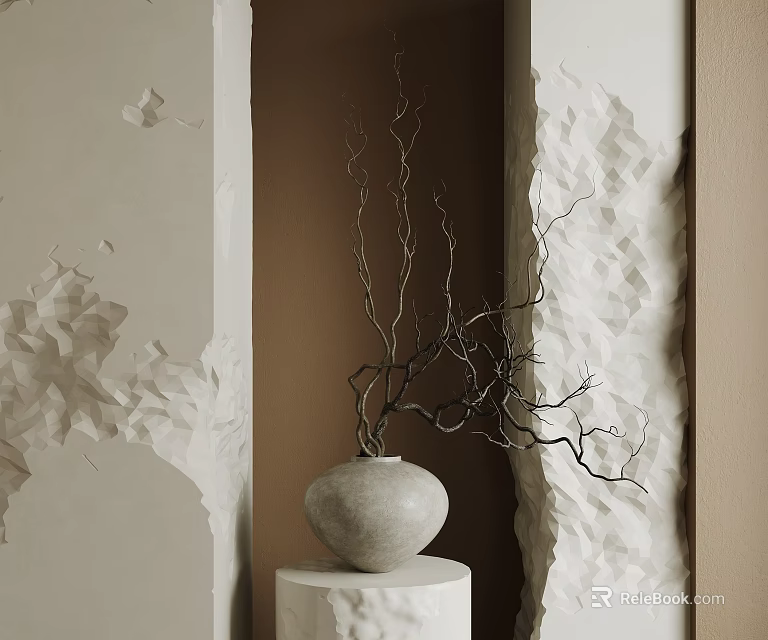 Gray Vase With Twigs On White Pedestal Against Beige And Brown Textured Walls 3d model 