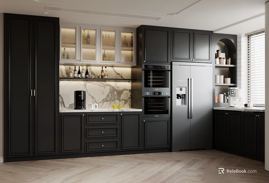 Modern Kitchen Sideboard With Black Cabinetry Glass Doors And Marble Countertop 3d model 