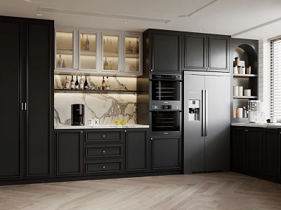 Modern Kitchen Sideboard With Black Cabinetry Glass Doors And Marble Countertop 3d model