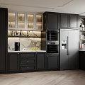 Modern Kitchen Sideboard With Black Cabinetry Glass Doors And Marble Countertop