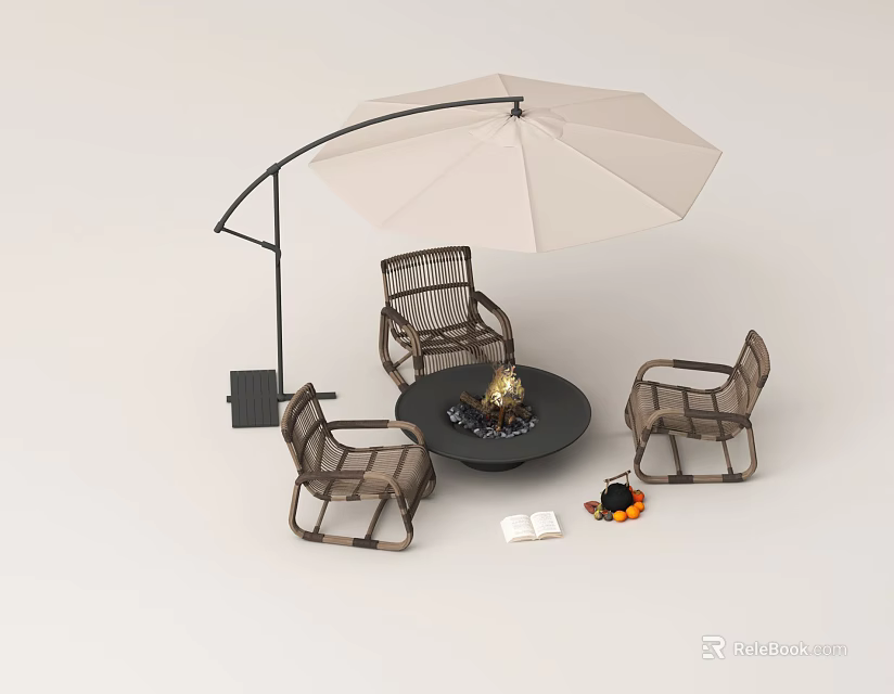 Outdoor Wicker Lounge Chairs Set With Arched Umbrella And Round Fire Pit Table 3d model 