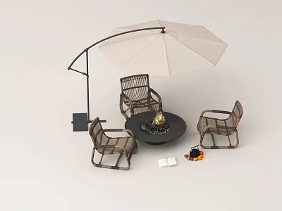 Outdoor Wicker Lounge Chairs Set With Arched Umbrella And Round Fire Pit Table 3d model