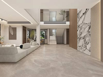 Modern Duplex Living Room Interior Design With Beige Sofa Marble Wall Staircase And Open Layout 3d model