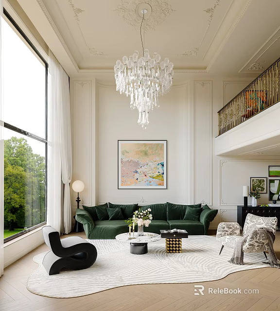 Elegant Living and Dining Room Interior With Green Sofa Crystal Chandelier and Large Window 3d model 