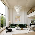 Elegant Living and Dining Room Interior With Green Sofa Crystal Chandelier and Large Window