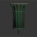 Green Metal Trash Can With Striped Design Round Top And Support Legs Structure