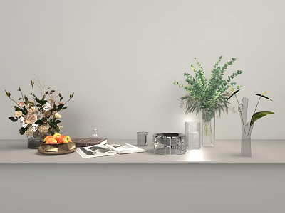 Stylish Decorative Ornament Combination With Flowers Green Plants Glass Candle Holders Fruit Plate On White Shelf 3d model