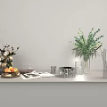Stylish Decorative Ornament Combination With Flowers Green Plants Glass Candle Holders Fruit Plate On White Shelf