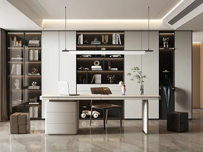 Modern Study Room Interior With Desk Chair Bookshelves And Plants 3d model