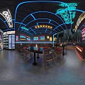 Night View Outdoor Restaurant With Neon Signs Tables Umbrellas And City Skyline