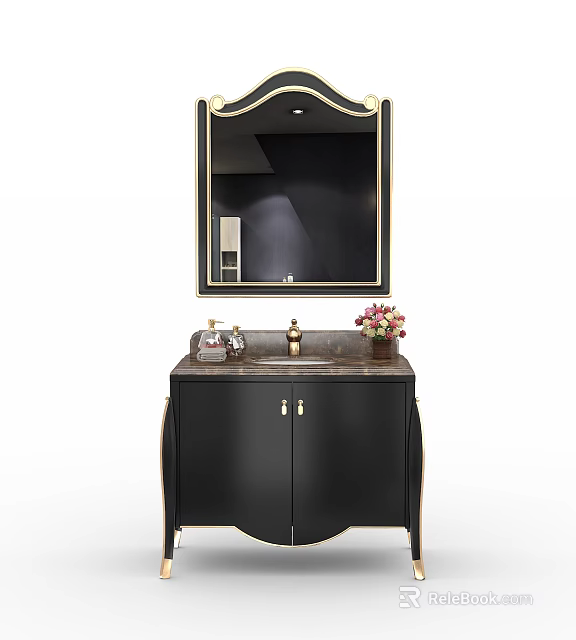 Elegant Black Bathroom Vanity With Gold Trim Marble Countertop Decorative Mirror and Flower Arrangement 3d model 