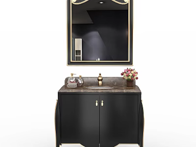 Elegant Black Bathroom Vanity With Gold Trim Marble Countertop Decorative Mirror and Flower Arrangement 3d model