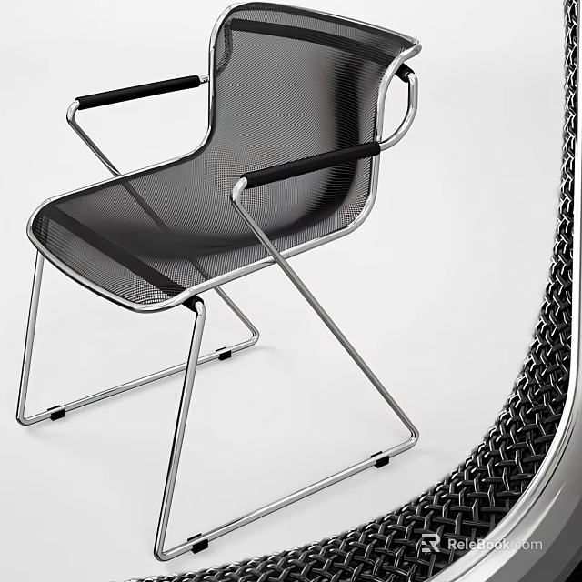 Modern Leisure Chair With Black Mesh Seat And Silver Metal Frame Armrests 3d model 