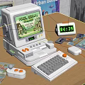 Vintage Retro Computer With Gaming Screen Keyboard Mouse Joystick And Cartridges