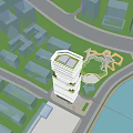 Modern High Rise Office Building With Unique Facade And Greenery In Urban City Skyline Setting