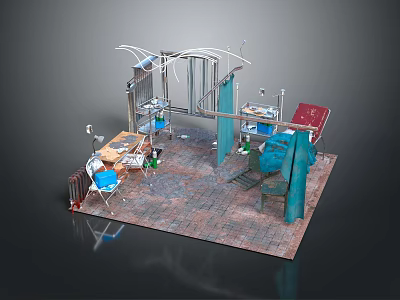Medical Treatment Room Interior With Blue Metal Frame Red Blue Chairs Tools On Brick Floor 3d model