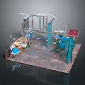 Medical Treatment Room Interior With Blue Metal Frame Red Blue Chairs Tools On Brick Floor