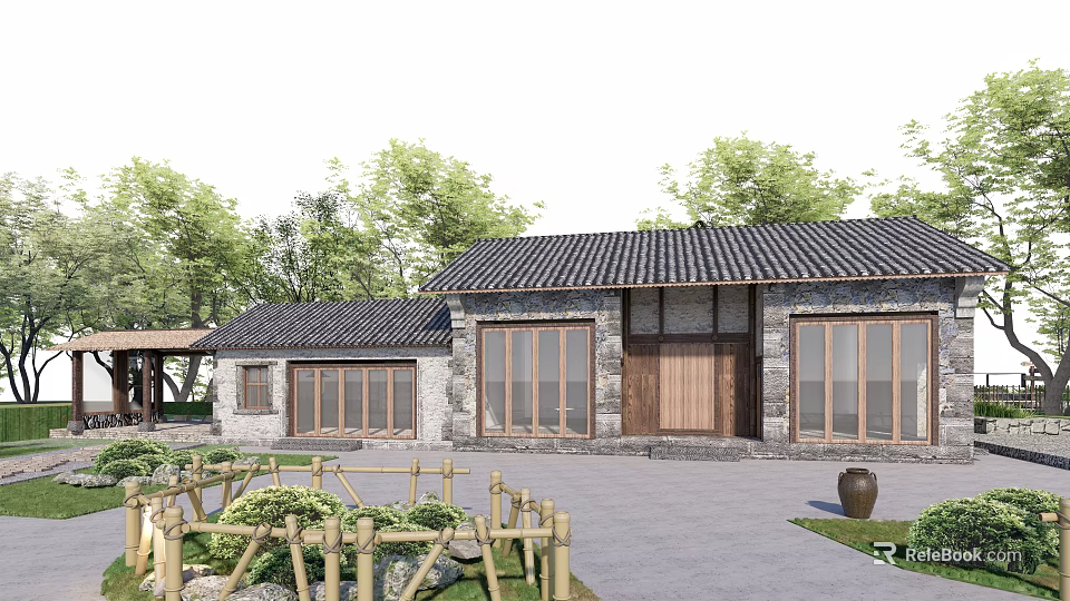 Traditional Chinese Courtyard House With Stone Walls Wooden Windows Black Tile Roof And Green Trees 3d model 