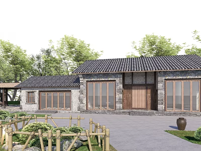 Traditional Chinese Courtyard House With Stone Walls Wooden Windows Black Tile Roof And Green Trees 3d model