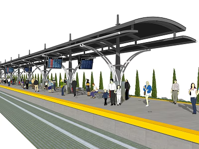 Modern Train Station Platform With Shelter Digital Screens Passengers And Green Landscaping 3d model