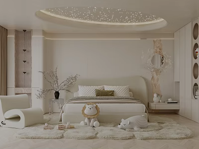 Minimalist Kids Room Interior With Starry Ceiling Lion Stuffed Toy White Furniture And Soft Rug 3d model