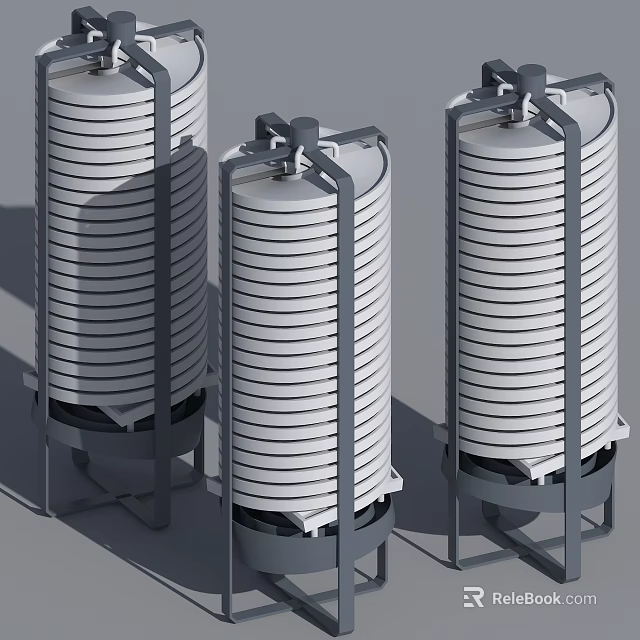 Three Vertical Cylindrical Industrial Equipment Featuring White Layered Storage And Metal Frames 3d model 