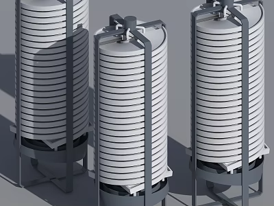 Three Vertical Cylindrical Industrial Equipment Featuring White Layered Storage And Metal Frames 3d model