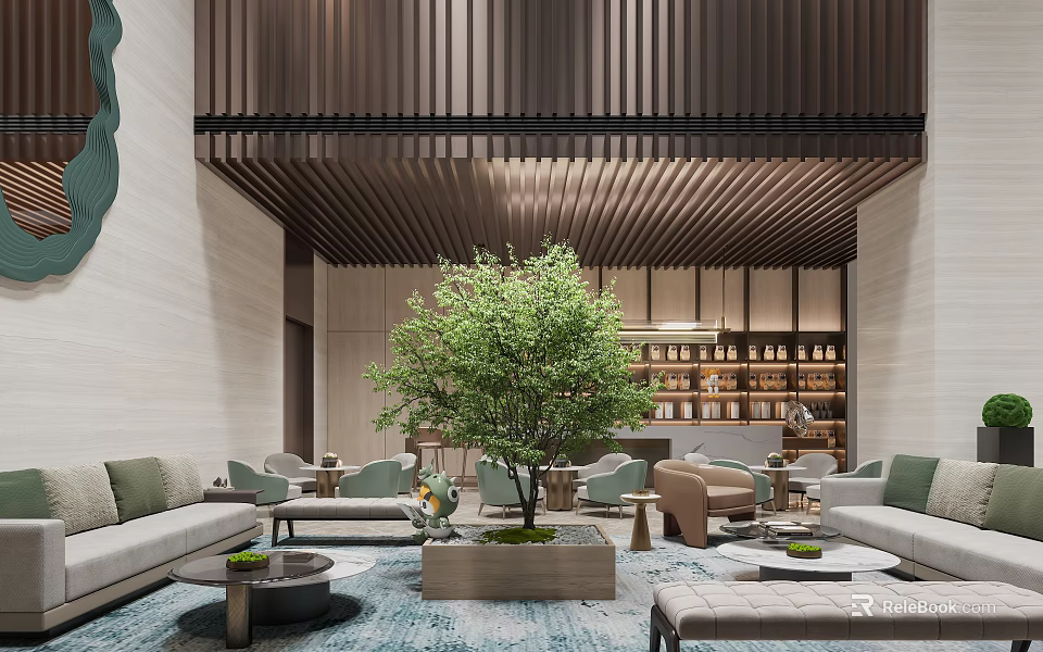 Modern Luxurious Hotel Lobby with Wooden Slatted Ceiling Green Plant Sofas Coffee Tables and Bookshelves 3d model 
