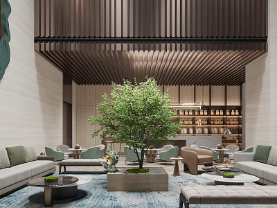 Modern Luxurious Hotel Lobby with Wooden Slatted Ceiling Green Plant Sofas Coffee Tables and Bookshelves 3d model