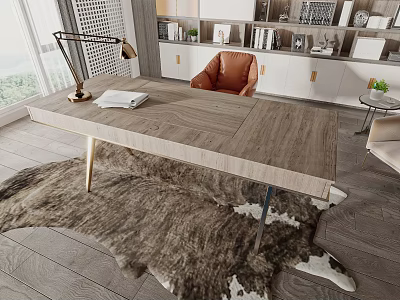 Modern Wooden Desk with Orange Chair Shelf Books and Window View Rug 3d model