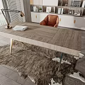 Modern Wooden Desk with Orange Chair Shelf Books and Window View Rug