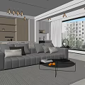 Modern Living Dining Room Interior With Beige Sofa Coffee Table And Open Kitchen Design 3d model