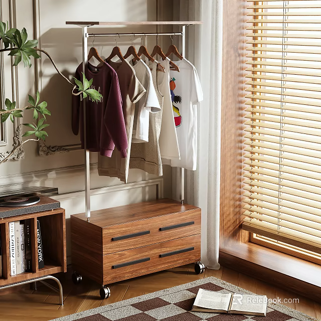 Home Clothes Hanger With Coats Shirts Hanging Near Wooden Cabinet Window Blinds And Green Plant 3d model 