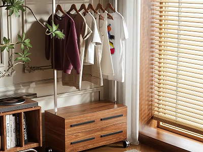 Home Clothes Hanger With Coats Shirts Hanging Near Wooden Cabinet Window Blinds And Green Plant 3d model