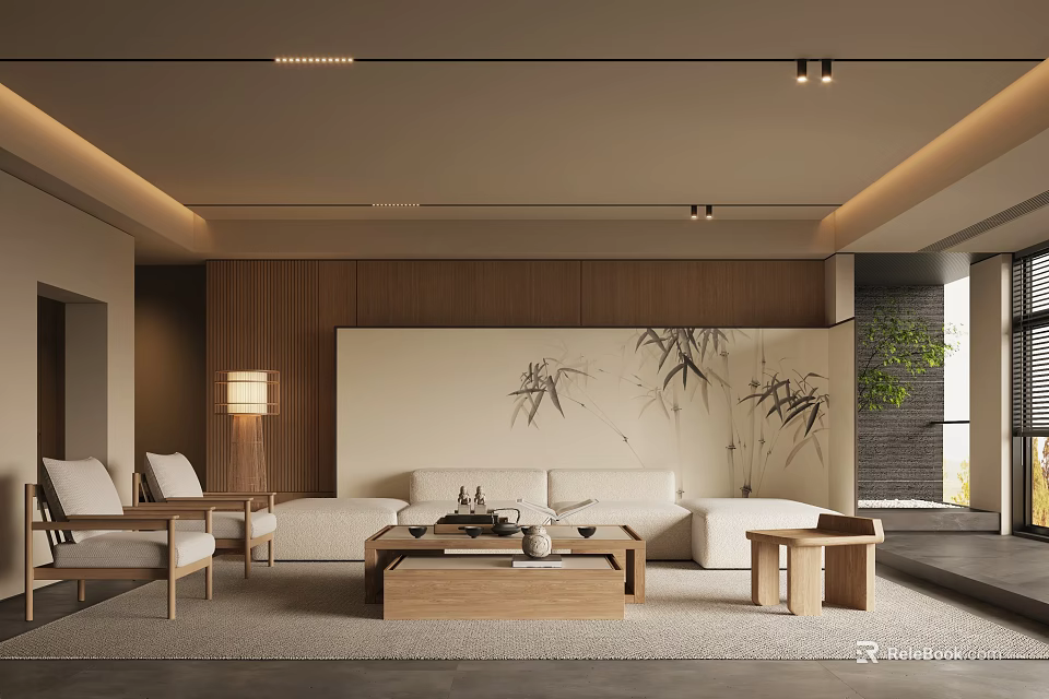 Natural Minimalist Living Room With Wooden Accents Bamboo Painting Sofa Coffee Table And Green Plants 3d model 